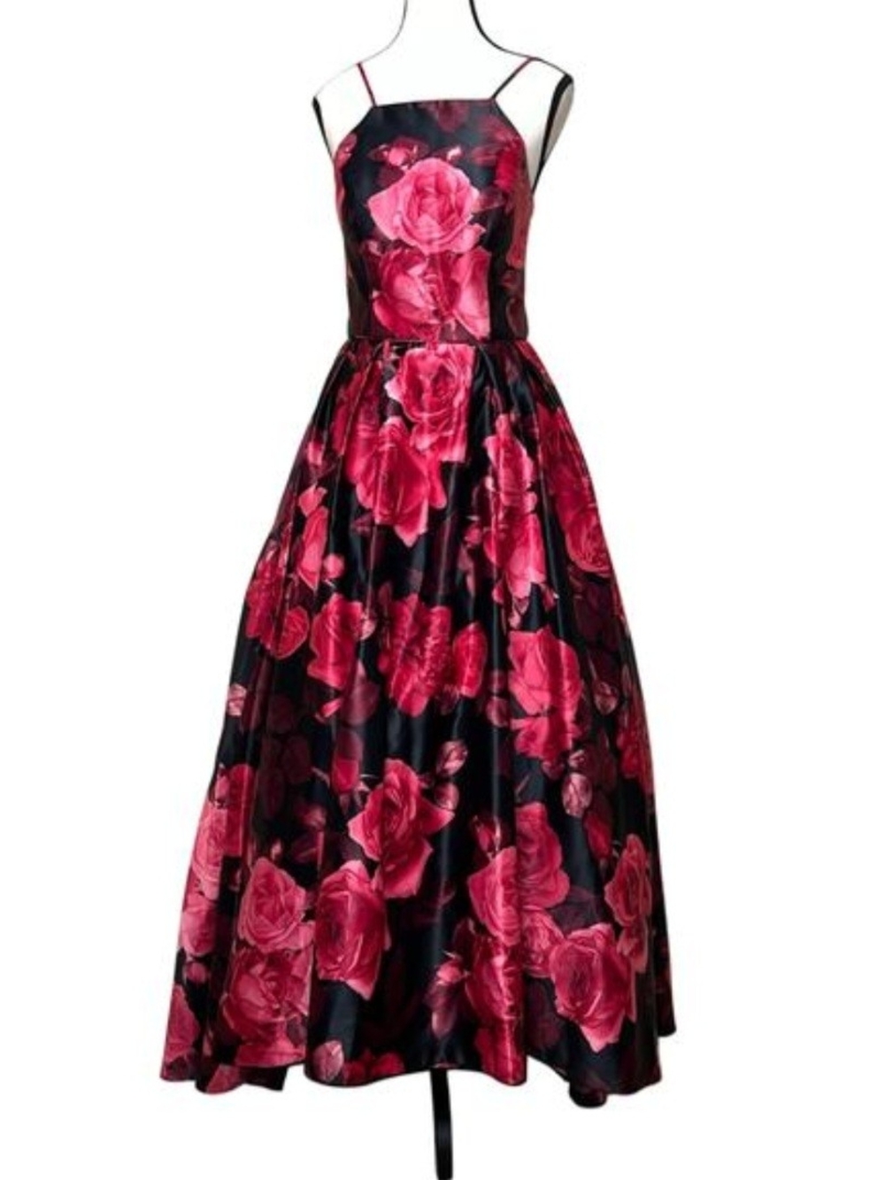 Betsy & Adam Black Satin Gown with Hot Pink Rose Print
